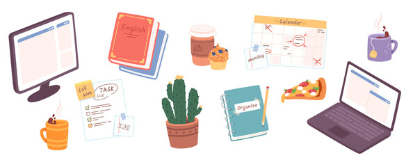 Business office workplace desk accessories. Laptop, desktop computer, book, snack, coffee cup, organizer notebook, pencil, calendar stickers set. Workspace equipment concept flat vector illustration