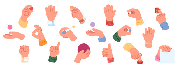 Hands gesturing, holding pen, pressing button set. Thumb up, ok sign, fist, pointing gestures. Palms, fingers hold things, blank paper sheet. Hand communication collection flat vector illustration