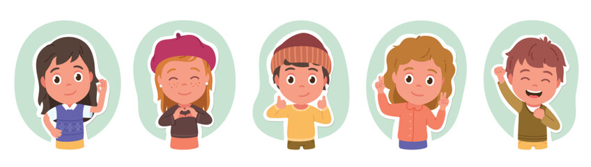Happy boys, girls kids posing gesturing set. Cheerful children people showing victory sign, thumb up, finger heart, OK, winner hand gestures. Child portrait flat vector illustration collection