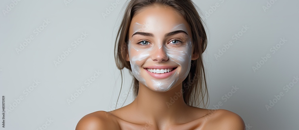 Sticker The woman, with a happy and content expression on her face, is captured in a portrait against a white background, isolated and accentuating her beauty. Her youthful skin glows, a testament to her