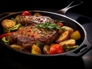 Succulent Steak and Crisp Vegetables in a Cast Iron Pan - Savor the Flavors! Generative AI