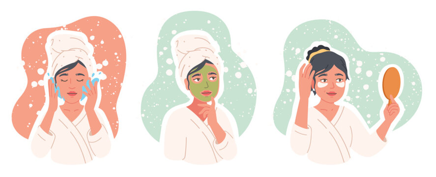 Woman Taking Care Of Face Skin Set. Beautiful Girl Person Washing Face, Wearing Cosmetic Facial Mask, Eye Patches, Looking In Mirror. Daily Routine Skincare, Hygiene, Beauty Flat Vector Illustration