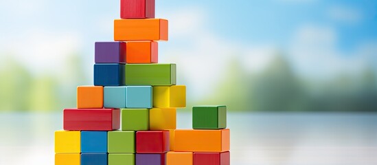 The young child stacked colorful plastic toy blocks in a tower, creating a vibrant rainbow of...