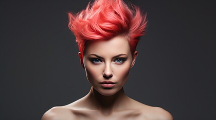  A red-haired beautiful girl with a distinctly modern hairstyle in a recording studio