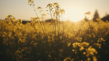 A field of Charlock yellow wildflowers swaying under the summer sun, with the monochromatic color palette highlighting the beauty of simplicity and nature