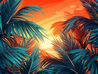 Fototapeta na wymiar Vibrant Warfare: Unleashing Colors Through Tropical Palm Leaves - Dive In Now! Generative AI