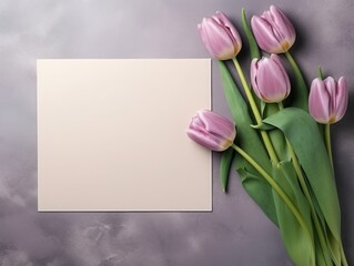 Discover the Serene Beauty: Vibrant Tulips with a Mysterious Blank Frame on Elegant Grey! Generative AI