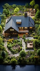 Obraz premium An aerial view of the blueprint for a cottage situated in a verdant location. concept for real estate investing. residing in a home away from the idea of major cities in a healthy setting..