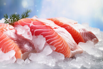 Close-up of fresh chilled fish. Trout or salmon fillet. Red fish ready to eat.