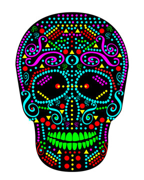 Neon color skull with dots, Mexico, Day of the dead and Halloween icon background