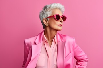 Fashion portrait of beautiful elegant senior woman in pink business suit and in sunglasses