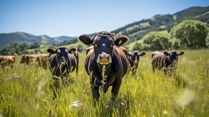Black angus cattle on grassland farms..