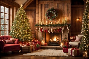 Fototapeta na wymiar Rustic Style House Full of Christmas Decorations with Dramatic Cozy Lightings, Winter Snow Outside, Detailed, Super Resolution