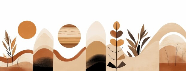 Hand drawn abstract minimal element mid century  set. Aesthetic contemporary stripe line art, watercolor geometric shapes, mountain in earth tone. Design for wall art, decoration, Generative AI
