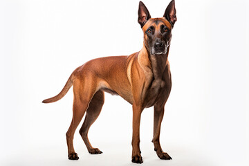 Belgian Shepherd dog standing on a white background. Animal right-side portrait.