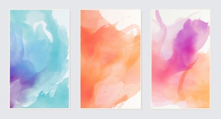 Watercolor art background cover template set. Wallpaper design with paint brush, colorful, brush stroke. Abstract illustration for prints, wall art and invitation card, Generative AI