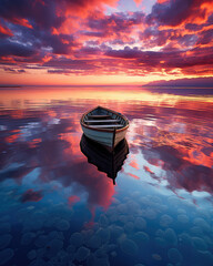 dryfująca łódka przy zachodzie słońca na kolorowych chmurach - obrazy, fototapety, plakaty