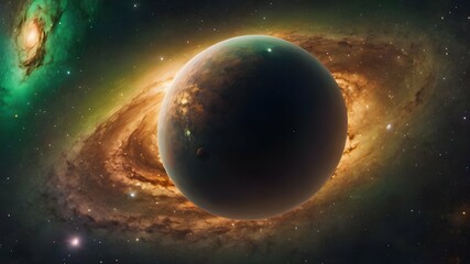Obraz na płótnie Canvas Fictional planet in galaxy with golden and dark colors surrounded by crowded clouds representing a fantasy world. AI Generated
