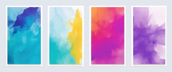 Watercolor art background cover template set. Wallpaper design with paint brush, purple, blue, green, yellow, brush stroke. Abstract illustration for prints, wall art and invitation card,Generative AI
