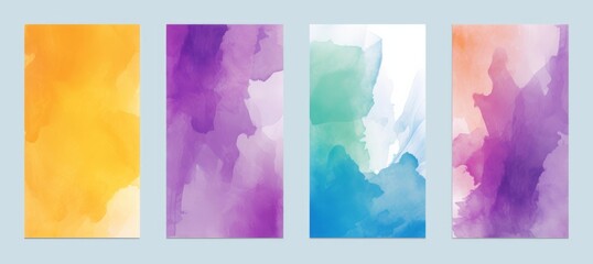 Watercolor art background cover template set. Wallpaper design with paint brush, purple, blue, green, yellow, brush stroke. Abstract illustration for prints, wall art and invitation card,Generative AI