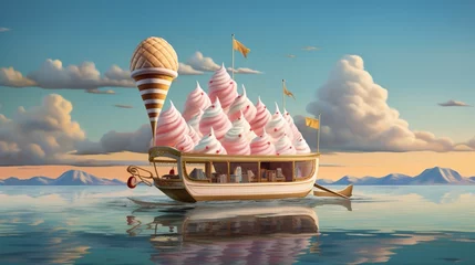 Deurstickers A whimsical scene of an ice cream boat cruising along a serene lake, offering a unique floating experience to savor frozen delights. © Imran_Art