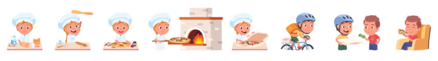 Pizza cooking, delivery, eating sequence set. Chef cook kid person making dough, baking, packing pizza food. Delivery man delivering order to client. Catering service concept flat vector illustration