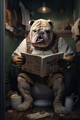 pies dog czytający gazetę prasę na toalecie w wannie - obrazy, fototapety, plakaty
