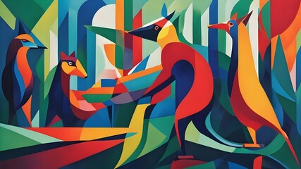 Cubism style drawing with different colors and a random artistic design. Bright solid colors used in this illustration. AI Generated
