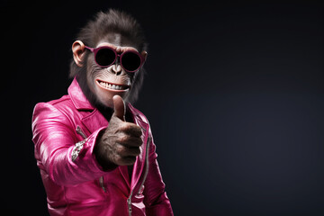pink pop monkey in leather jacket and sunglasses making thumb up - obrazy, fototapety, plakaty