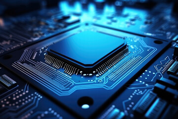 A powerful computer processor or chip on a motherboard. Modern technologies. Blue background. Development of computer technologies.