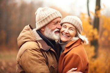 Fototapeta premium An elderly couple, a man and a woman, hugging in an autumn park. They look at each other with a loving gaze. Old people on a walk. Relationships in old age. Love and romance.