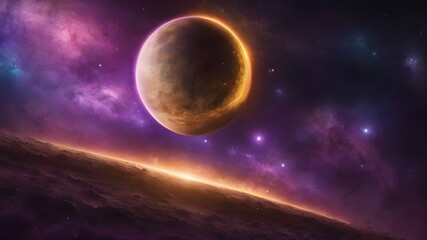 Fictional planet in the space designed with basic dark purple color and bright golden lights. AI Generated