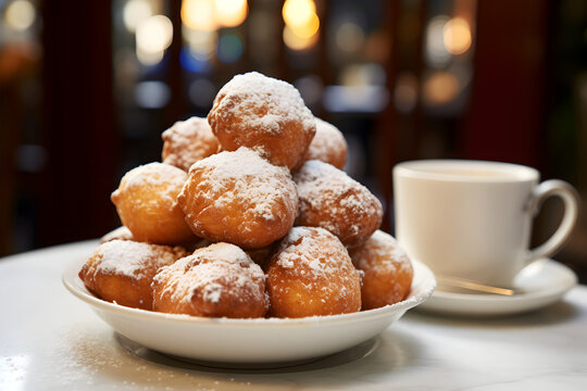 Italian fritters piled high, dusted with sugar powder on a cafeteria table. Traditional carnival sweets. Stack of Italian fritters in a plate with a cup of coffee on a table, close-up.