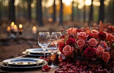 With a forest in the backdrop, an outdoor Thanksgiving centrepiece. - obrazy, fototapety, plakaty