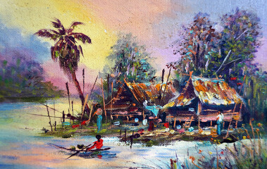 Original   Oil painting  farming  Thailand Countryside