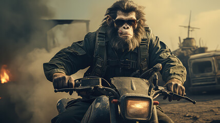 przysłość jak człowieko małpa jedzie na motorze - obrazy, fototapety, plakaty