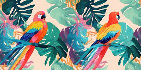 Abstract art seamless pattern with parrots and tropical leaves. Modern exotic design, Generative AI