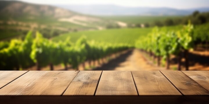 The empty wooden table top with blur background of vineyard. Exuberant image, Generative AI