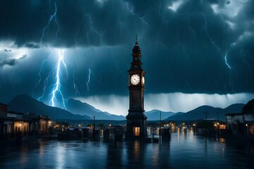 an image of a huge storm coming in from the sky over a city with a clock tower in the foreground...