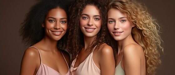Fototapeta premium Isolated women, faces and inherent beauty, diversity and well-being, dermatology, and companions against a studio backdrop. individual skin,.