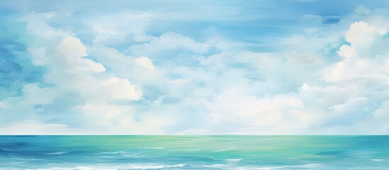 The sky was painted in a vibrant gradient of retro blue, giving way to green hues reminiscent of a tropical paradise, with abstract watercolor strokes mirroring the gentle waves of the ocean, as the