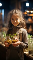 A little girl  is in front of a flower shop, displaying a container full of plants. Give attention to the flora. .