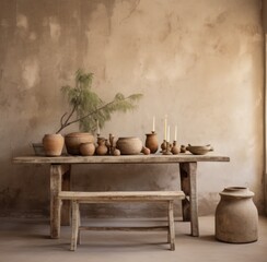 a rustic dining table with three small stools and some planters,