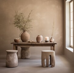 a rustic dining table with three small stools and some planters,
