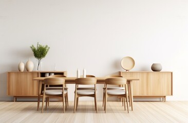 a simple dining room with wooden furniture