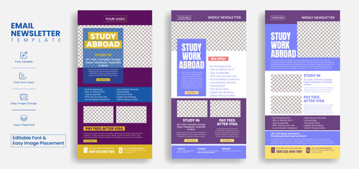Online learning education email newsletter Editable template set for e learning, study abroad email marketing pack, admission website landing page , e learning web ui interface design bundle - obrazy, fototapety, plakaty