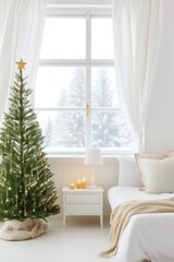 a white bedroom with a christmas tree and decorations are arranged in a rustic way