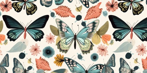 Abstract floral seamless pattern with butterflies and moths. Modern exotic design for paper, cover, fabric, interior decor and other, Generative AI
