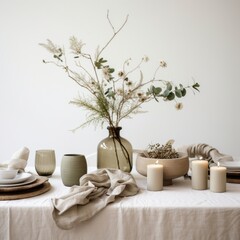 a white table set with greens, bowls and candles,