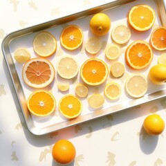a white tray containing fruit pieces with many oranges